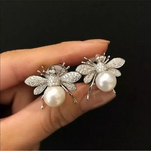 Huitan Silver and White Bee Earrings